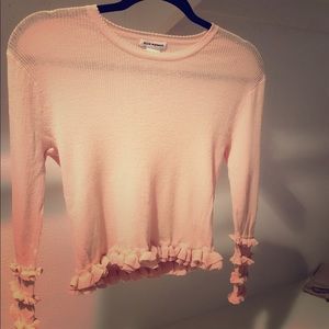 Club Monaco ruffle sweater in romantic blush pink